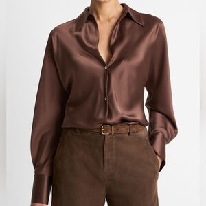 NWT Vince Silk Bias Long-Sleeve Blouse Espresso M